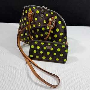 Coach Cora Purse and Wallet set Polka Dot Domed Neon Green & Dark Brown